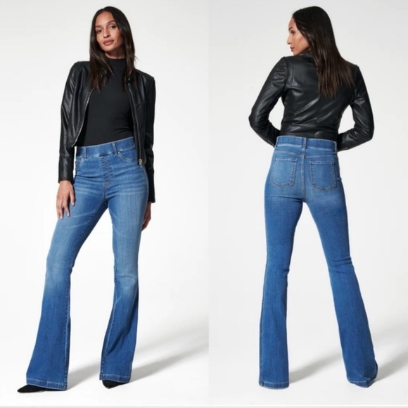 SPANX Flare Jeans Vintage Indigo Medium Tall High Rise Pull on Shaping Denim - Picture 1 of 11
